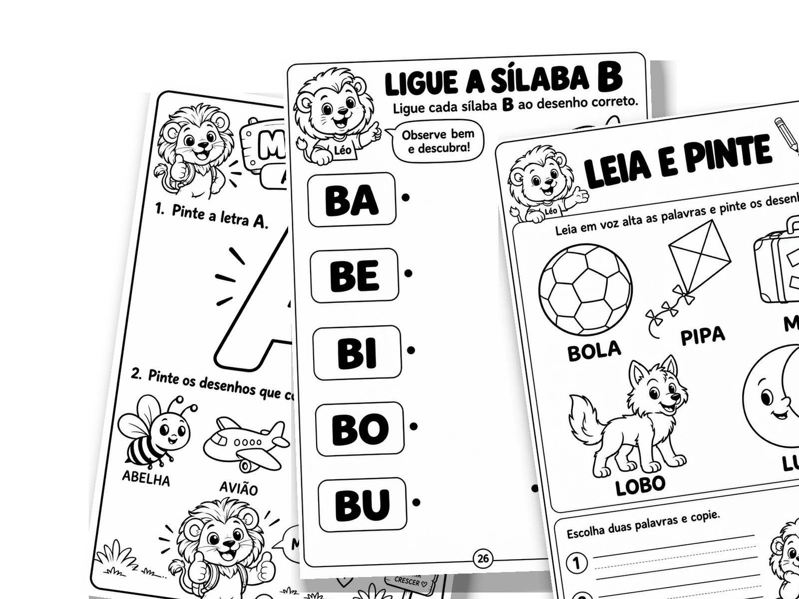 Três exemplos de atividades de letras, sílabas e palavras